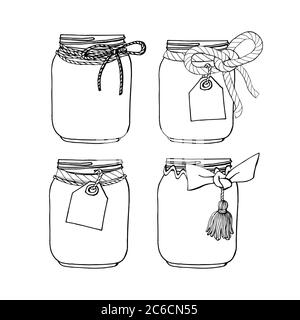 Set of hand drawn mason jars with bows and tags. Stock vector Stock Vector