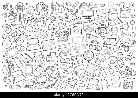 Sketchy vector hand drawn Doodle equipment and devices objects set Stock Vector