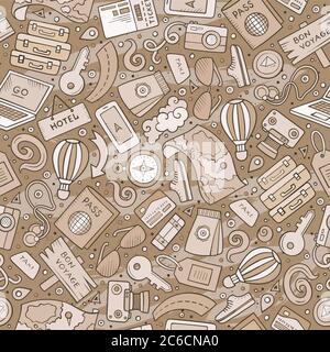 Cartoon Traveling seamless pattern with lots of objects Stock Vector