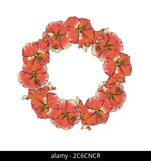 Hand drawn pink hibiscus flowers circular wreath. Floral design element. Isolated on white background. Vector Stock Vector