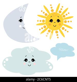 Cute Sun with eyes and a smile. Set of vector illustrations - clouds, sun, moon. Text cloud and bubble for text with greeting . Isolated on white Stock Vector