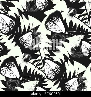 Monochrome floral seamless pattern with butterfly and dandelion flowers and leaves on white background. Stock vector Stock Vector