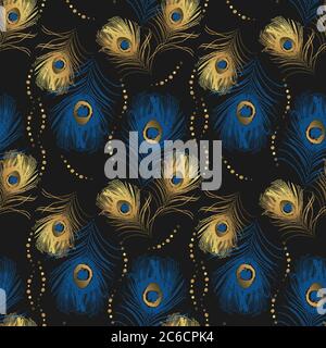 Abstract seamless pattern with peacock feathers on black background. Stock vector Stock Vector