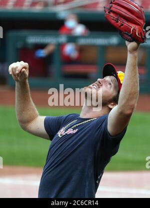 St. Louis Cardinals pitcher Miles Mikolas makes a catch during Summer Camp at Busch Stadium in St. Louis on Wednesday, July 7, 2020. Photo by Bill Greenblatt/UPI Stock Photo