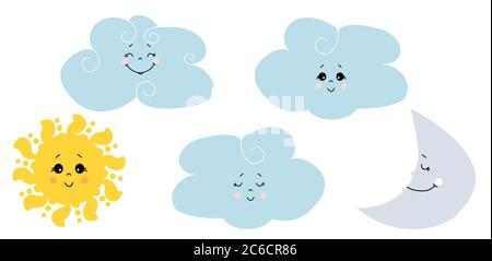 Lovely sun with eyes and a smile. Set of vector illustrations - clouds, sun, moon. Different faces and emotions - Closed and open eyes. Isolated on Stock Vector