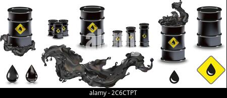 Splash oil black barrel petroleum spilled wave vector illustration. For infographics, fuel, industry, power, industry, ecology. Stock Vector