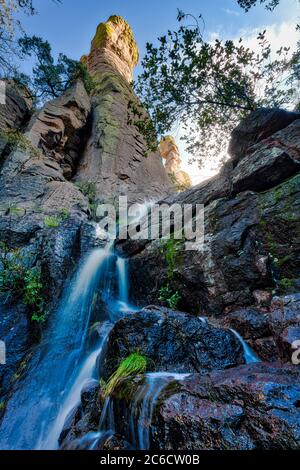 Monsoon rains created an ephemeral waterfall in Echo Canyon. Chiricahua National Monument. Stock Photo