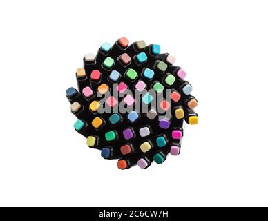 Close up selective focus of stack of Colored Pens Markers on white isolated Background. Back to school and offices stationary concept. Stock Photo