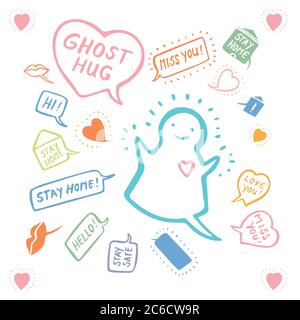 Vector social distancing comic style doodle illustration set, greeting card, hand lettering, cartoon style. Cute doodle line art style. Hand written modern brush lettering white background isolated vector element Stock Vector