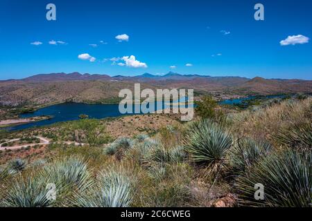 An overview of Patagonia Lake from Overlook Trail. Patagonia Lake State Park near Nogales, Arizona. Stock Photo