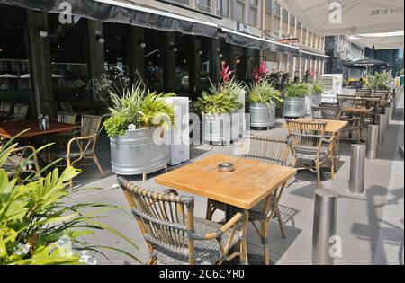 Beijing, China. 6th July, 2020. An empty restaurant is seen in the central Israeli city of Tel Aviv amid COVID-19 pandemic on July 6, 2020. Credit: Gil Cohen Magen/Xinhua/Alamy Live News
