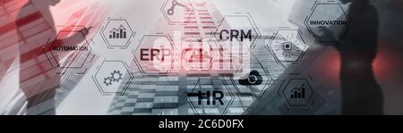 Erp Crm Hr Innovation inscriptions and icons on business background. Stock Photo