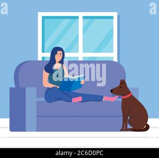 woman sitting in couch, reading a book, with dog mascot Stock Vector