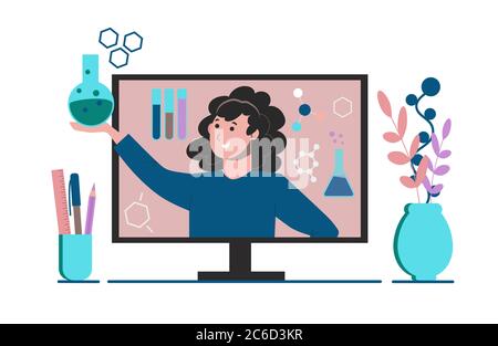 Remote education for schoolchildren. Education at home online. A chemistry teacher conducts a lesson for children on a monitor. Flat illustration isol Stock Vector