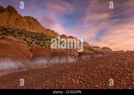 Dawn, Bentonite Hills, Circle Cliffs, Grand Staircase-Escalante National Monument, Utah Stock Photo