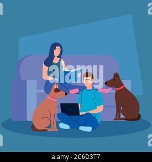 couple sitting in couch, woman reading a book, man using laptop, with dog mascot Stock Vector