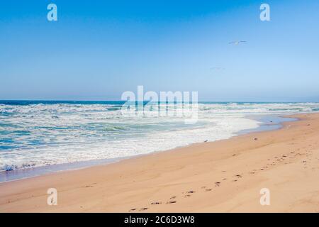 Sunny sandy beach and clear blue sky on background, California Coastline Stock Photo