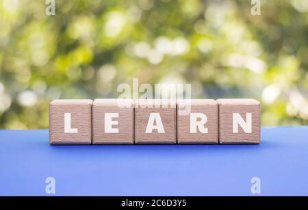 LEARN word written on wood cubes. Wooden blocks against blurred natural green background. Education, development and training concept. Back to school. Stock Photo