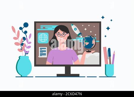 Remote education for schoolchildren. Education at home online. A geography teacher conducts a lesson for children on a monitor. Flat illustration isol Stock Vector