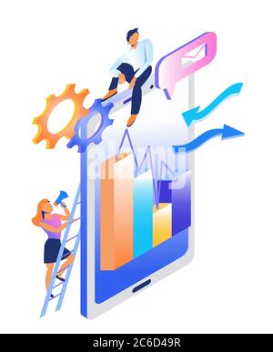 Conceptual web seo illustration. Work in a young team. Flat isometric vector illustration isolated on white background. Can use for web banner, infogr Stock Vector