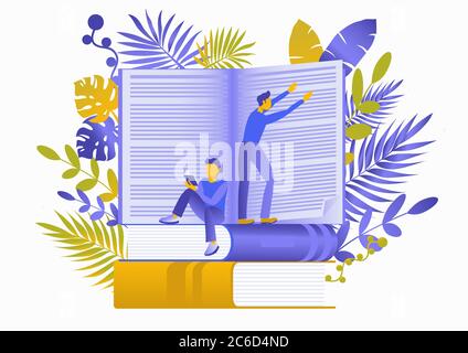 Conceptual flat illustration about reading books. Obtaining knowledge, rest, training, information. People read books, turn pages of literature. Isola Stock Vector