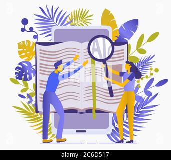 Conceptual flat illustration about reading books. Obtaining knowledge, rest, training, information. People read books with magnifying glass. Isolated Stock Vector