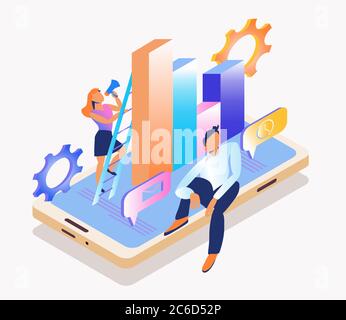 Conceptual web seo illustration. Work in a young team. Flat isometric vector illustration isolated on white background. Can be used for web banner, in Stock Vector