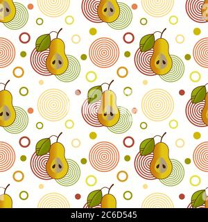 Seamless pattern with sprinkled pears and simple geometric shapes in circles on a white background. Summer theme with fruits. Can be used for web, pri Stock Vector