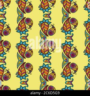 Seamless pattern on the theme of kalamkari. Paisley on a yellow background. Elements of Indian painting Can be used for textiles, patterns, souvenirs Stock Vector
