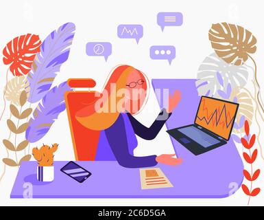 Woman financial analyst secretary or office worker wearing glasses works at the desk. Houseplants. Flat style illustration isolated on white backgroun Stock Vector