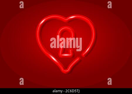 Keyhole red heart glowing 3D symbol, card template. Realistic vector illustration. Red background. Stock Vector
