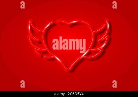 Winged heart red glowing 3D symbol, card template. Realistic vector illustration. Red background. Stock Vector