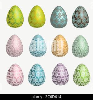 Set of easter eggs. Decorated with lace pattern. Pastel colors, delicate shades. Isolated on a white background. Can be used to create cards, invitati Stock Vector