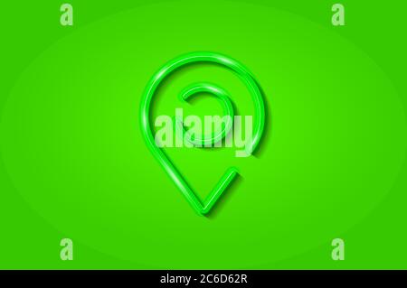 Location, gps map pointer glowing 3D symbol, card template. Realistic vector illustration. Green background. Stock Vector