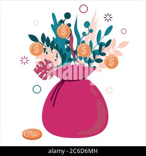 Money bag wallet. Money grows on the branches and leaves of plants. Flat illustration isolated on a white background. Finance, savings, currency, bank Stock Vector
