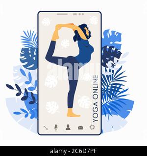 Yoga online. Girl coach on a smartphone screen conducts a lesson live. The concept for yoga courses or website design. Flat illustration isolated Stock Vector