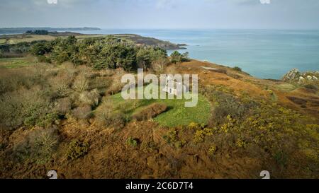 Aerial view of the watch house corps de garde des Daules, on the Pointe des Daules Headland in Cancale (Brittany, north-western France). The building Stock Photo