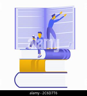 Conceptual flat illustration about reading books. Obtaining knowledge, rest, training, obtaining information. People read books, turn pages of literat Stock Vector