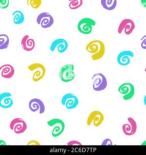 Ink curls. Multi-coloured drawing. Seamless pattern. Hand drawn spirals, snails on a white background Stock Vector