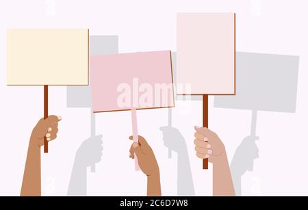 A crowd of protesting people. Demonstration, protest. Banner in the hand. Silhouettes of the hands of protesters. Flat illustration isolated on a whit Stock Vector