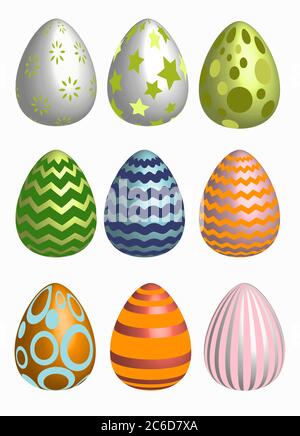 Set of multicolor easter eggs with different texture. Isolated on a white background. Stock Vector