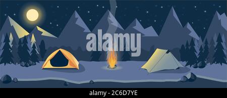 Life in nature. Journey. Camping at night in the mountains near the river. Hiking. Travelling. Adventure. Bonfire. Mountain landscape. Outdoor recreation Stock Vector