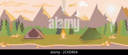 Life in nature. Journey. Camping in the evening in the mountains near the river. Hiking. Travelling. Adventure. Bonfire. Mountain landscape.  Sunset Outdoor Stock Vector