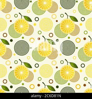Seamless pattern with sprinkled lemons and simple geometric shapes in circles on a light background. Summer theme with citrus fruits. Can be used for Stock Vector
