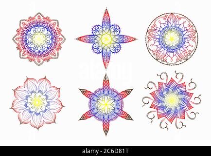 Decorative ornaments in ethnic kalamkari oriental style.  Isolated on a white background. Gradient Stock Vector