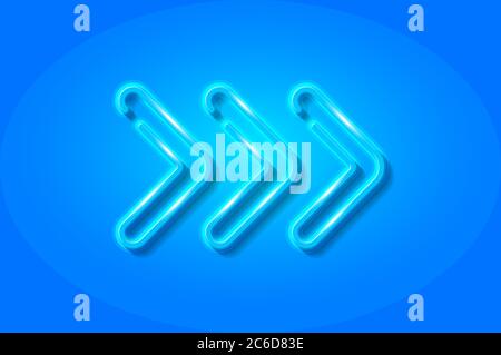 Triple right arrows glowing 3D symbol, card template. Realistic vector illustration. Blue background. Stock Vector