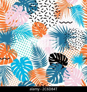Seamless pattern with tropical leaves of plants and Memphis style elements. Flat style. White background. Drawn by hands. Illustration on summer the Stock Vector