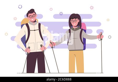 Girl with guy travel with backpacks. Travellers outdoor. Adventures. Tracking. Mountain climbing and hiking. Flat illustration.  Isolated on white ba Stock Vector