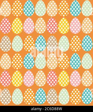 Seamless pattern with multi-coloured Easter eggs decorated with stars. Orange background. Can be used to create cards, invitations, wrapping paper. Sym Stock Vector