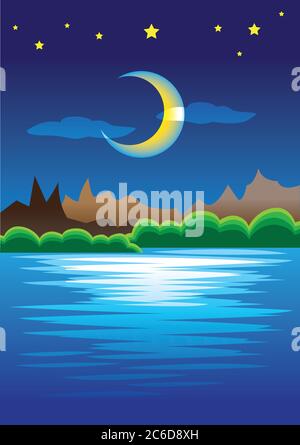 Vector illustration of nature scene with mountains and lake in starry silent night with large crescent moon. Stock Vector